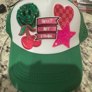 Green and White trucker hat with Fun Patches